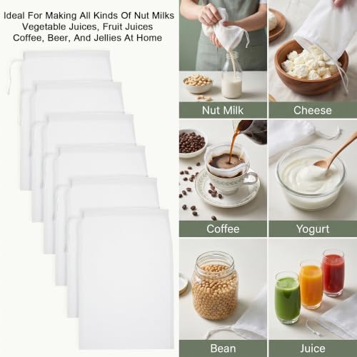 6 Pack Mesh Cheese Cloth Bags for Straining Nut Milk & Food Prep 12x8"