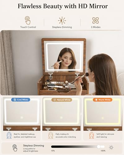 Walnut 23.6" 3-In-1 Makeup Vanity Desk with Flip Top Mirror & Light - Sliding Glass Top, Jewelry Organizer, Hidden Stool