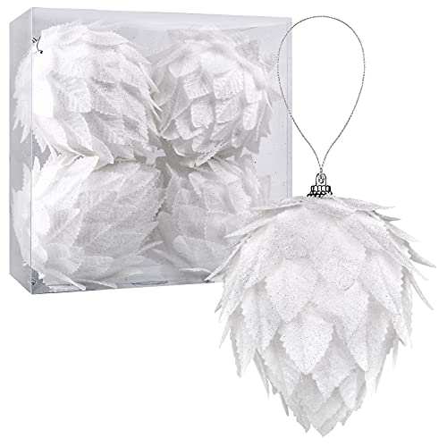 Set of 4 White Christmas Tree Ornaments - Pinecone & Glitter Decor