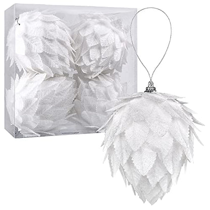 Set of 4 White Christmas Tree Ornaments - Pinecone & Glitter Decor