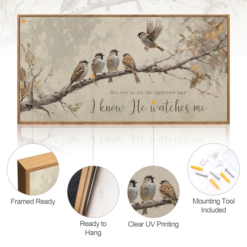 His Eye Is on the Sparrow Christian Wall Art Canvas 40x20 Inch - Framed Religious Decor