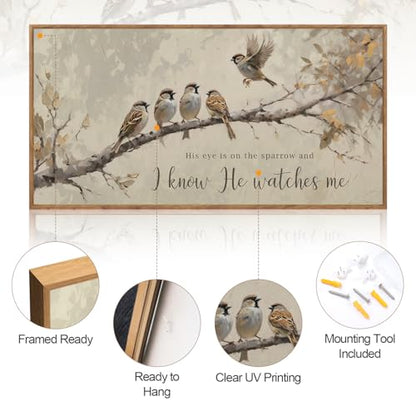 His Eye Is on the Sparrow Christian Wall Art Canvas 40x20 Inch - Framed Religious Decor