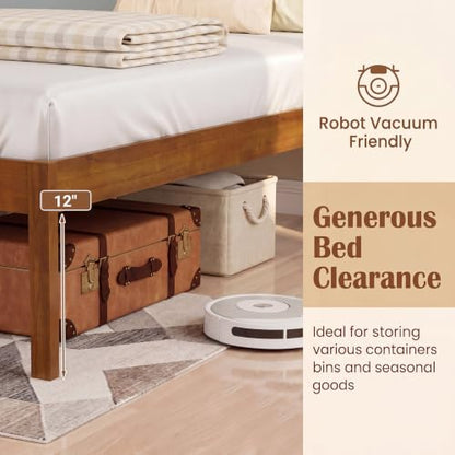 Queen Size Farmhouse Wooden Platform Bed Frame with Headboard - Walnut Open Footboard