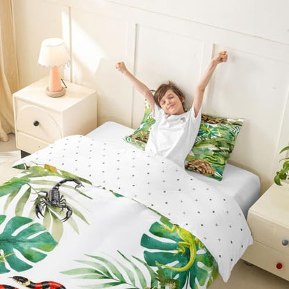 Jungle Reptile Themed Duvet Cover Set for Teens & Kids Twin Size - Fresh Green, No Comforter