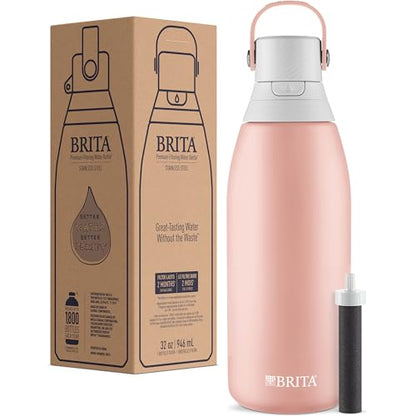 Brita Stainless Steel Premium Filtering Water Bottle, BPA-Free, Reusable, Insulated, Replaces 300 Plastic Water Bottles, Filter Lasts 2 Months or 40 Gallons, Includes 1 Filter, Rose - 32 oz.