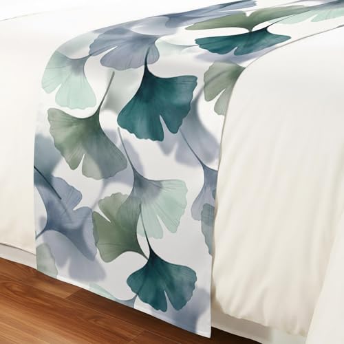 King Size Bed Runner with Ginkgo Leaves - Green Grey Decorative Throw for Bed, 94 x 20 Inches, Teal/Sage/Slate Blue Mint Variation