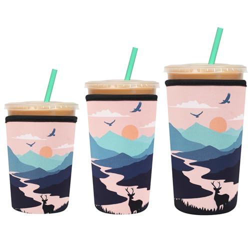 3 Pack Reusable Sleeve for Iced Coffee Cup, Coffee Neoprene Sleeve for Iced&Hot Drinks, Coffee Sleeve Compatible with Starbucks, Dunkin Coffee.(Sunset Elk)