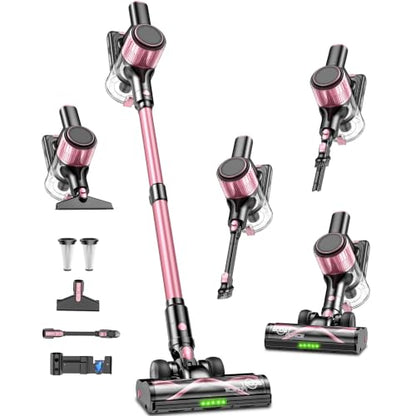Pink Cordless Vacuum Cleaner, 50KPa Lightweight Stick Vacuum for Home Use