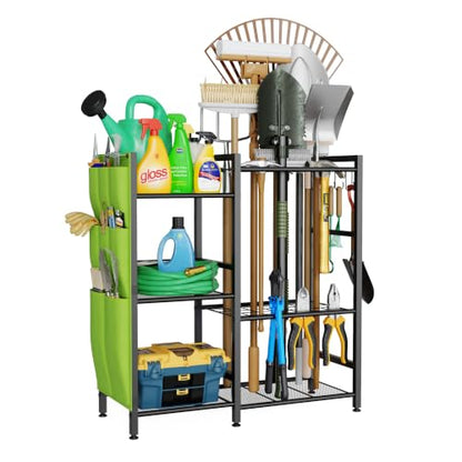 Garden Tool Organizer with Side Pouch 3-Tier Yard Storage Rack