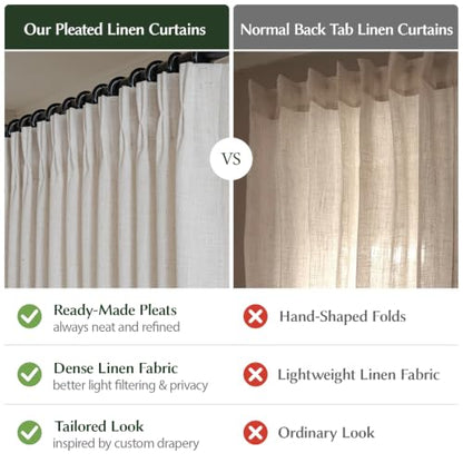 Semi Sheer Pinch Pleated Linen Curtains for Living Room 84 Inches - Natural, Pack of 2