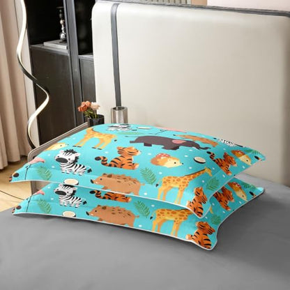 Blue Full Size Cartoon Animal Duvet Cover Set 3pcs - Tiger, Hedgehog, Zebra