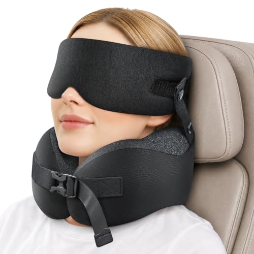 Travel Pillow for Long Flights Deep Black with Eye Mask & Head Strap Support