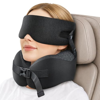 Travel Pillow for Long Flights Deep Black with Eye Mask & Head Strap Support