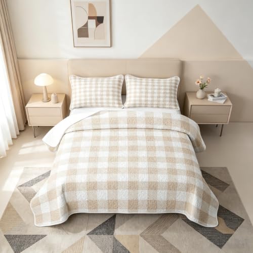 Khaki White Plaid Quilt Set Queen Size with Pillowcases - All Season Bed Coverlet