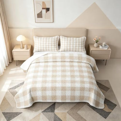 Khaki White Plaid Quilt Set Queen Size with Pillowcases - All Season Bed Coverlet