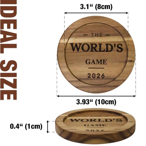 The World's Game 2026 Acacia Wood Coasters Set of 6 with Metal Holder - Soccer Housewarming Gift