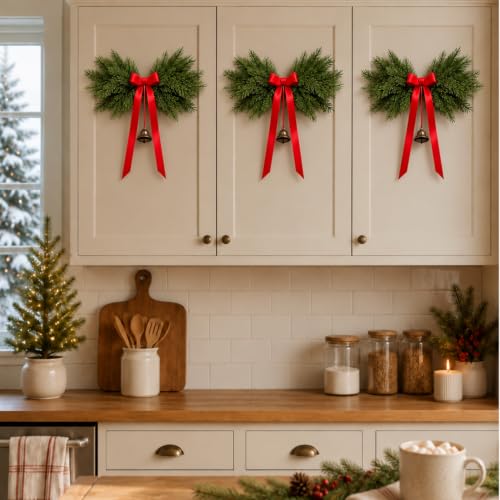 Christmas Cedar Swags Set with Red Bows and Bells - 6 Pcs, 24 Inch