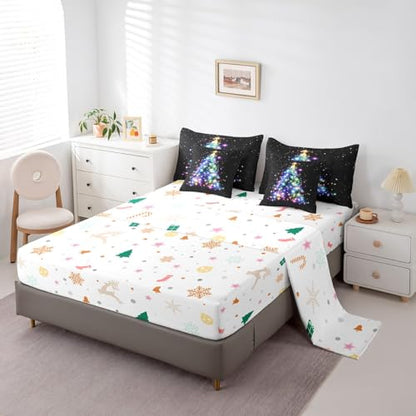 Feelyou Glitter Christmas Tree Comforter Set with Galaxy Sheets Black Queen Size 7 Pieces
