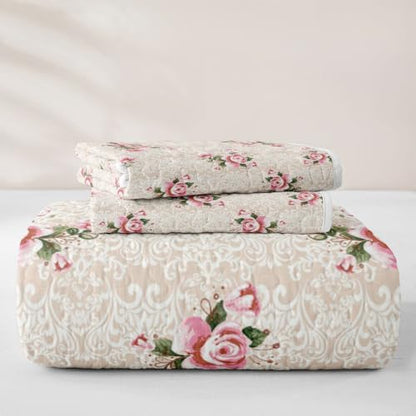 Pink Yellow Rose Quilt Set for All Season Bedspread Full Size with 2 Pillowcases - Romantic Bedding
