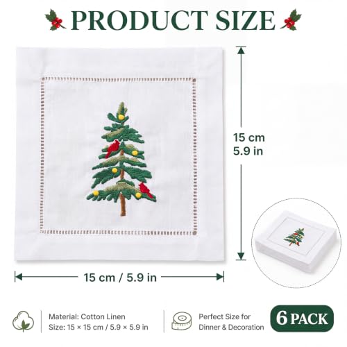 Christmas Tree Embroidered Cocktail Napkins - Set of 6, White