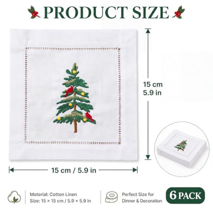 Christmas Tree Embroidered Cocktail Napkins - Set of 6, White