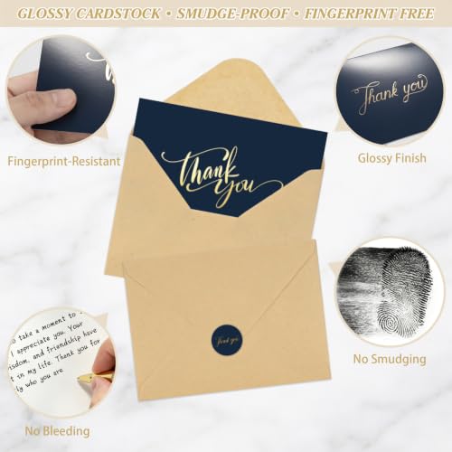 Thank You Cards with Envelopes & Stickers - Navy Blue 52 Pack