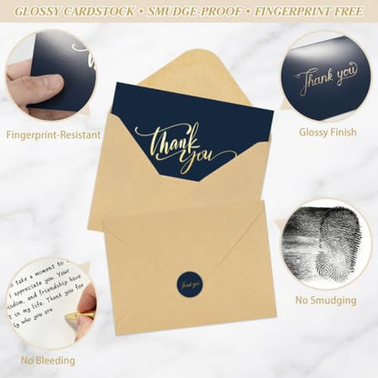 Thank You Cards with Envelopes & Stickers - Navy Blue 52 Pack