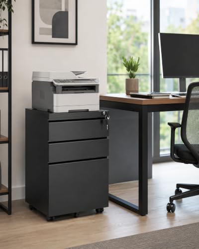 Omelaza Fully Assembled 3-Drawer Mobile File Cabinet Lockable Black