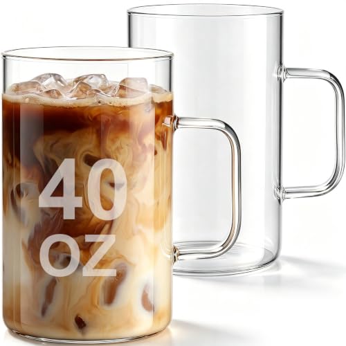 40 oz Large Borosilicate Glass Coffee Mug Set with Handle - 2 Pack