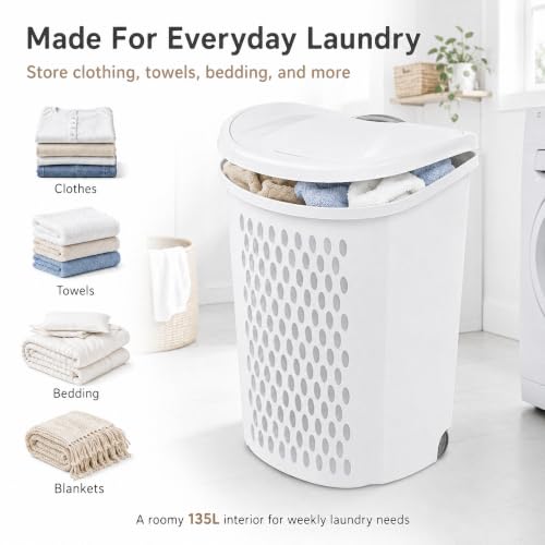 135L Wheeled Plastic Laundry Hamper with Heavy-Duty Wheels & Ventilated Design