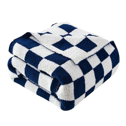 Reversible Checkered Throw Blanket Navy Blue - Ultra Soft & Lightweight