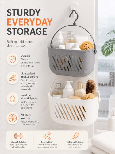 Grey Plastic Hanging Shower Caddy Organizer with Hook - Portable Bathroom Storage Tote