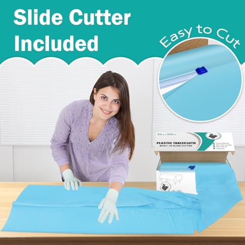 Light Blue 54 Inch x 300 Feet Plastic Tablecloth Roll with Cutter Box - Disposable Party Cover