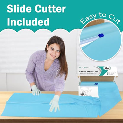 Light Blue 54 Inch x 300 Feet Plastic Tablecloth Roll with Cutter Box - Disposable Party Cover