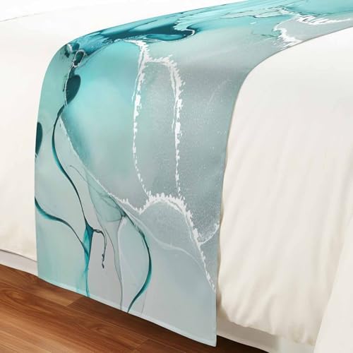 Twin Bed Aqua Marble Bed Runner - Decorative Fluid Art Bed Scarf 71x20in - CosyBright