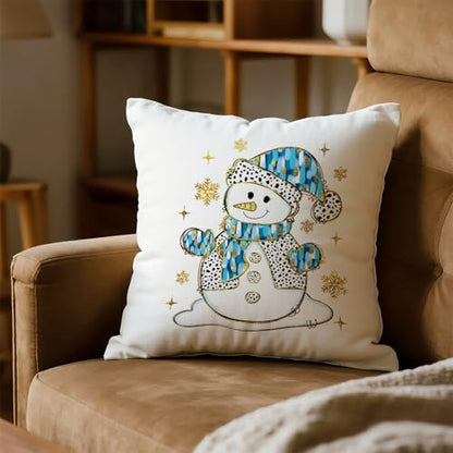 Christmas Snowman Pillow Cover 18x18 - Blue Glitter Winter Decor - Snowman1
