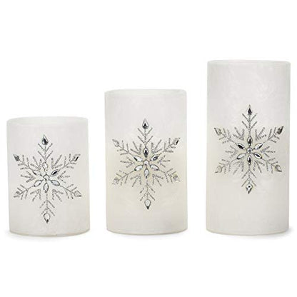 Jeweled Snowflake Flameless LED Pillar Candles Set of 3 - Winter Holiday Decor