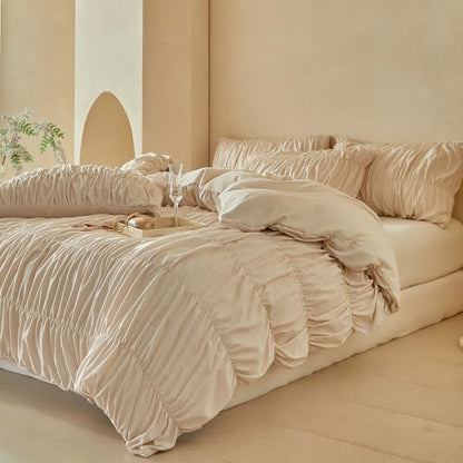 Twin Size Khaki Ruched Duvet Cover - Microfiber Bedding with Elegant Gathered Texture