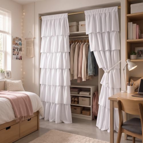 Ruffled Closet Curtain Panel Set - 42 x 80 Inches for Open Closet, Dorm Room