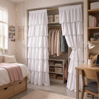 Ruffled Closet Curtain Panel Set - 42 x 80 Inches for Open Closet, Dorm Room