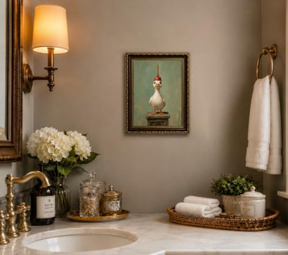 Funny Bathroom Duck Wall Art Canvas - Gold Frame, 9x11 inches, Goose Variation