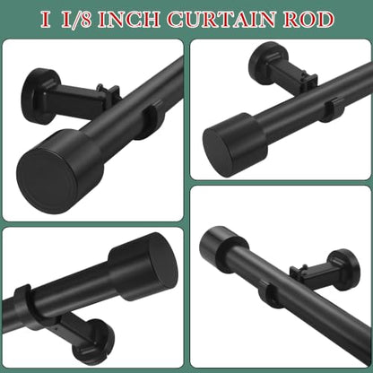 Heavy Duty 48 Inch Curtain Rod Set - Black with Solid Aluminum Finials & Brackets