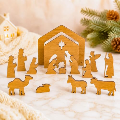 Hawkrown Nativity Set 16-Piece Indoor Wooden Manger Scene - Bronze Variation