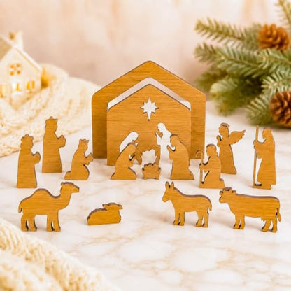 Hawkrown Nativity Set 16-Piece Indoor Wooden Manger Scene - Bronze Variation
