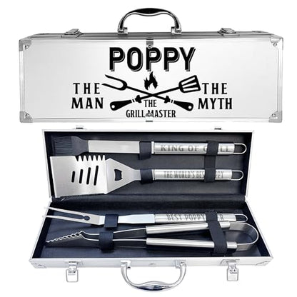 Heavy Duty Poppy Gifts for Grandpa Grill Set - Stainless Steel BBQ Utensils with Non-Slip Handles - Poppy Variation