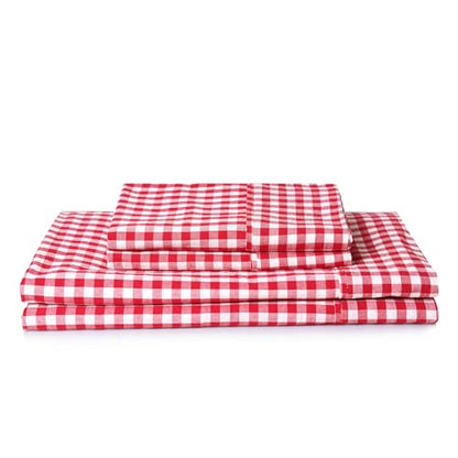 Checkered Red Cotton Queen Sheets Set - Gingham Bed Linen with Deep Pockets