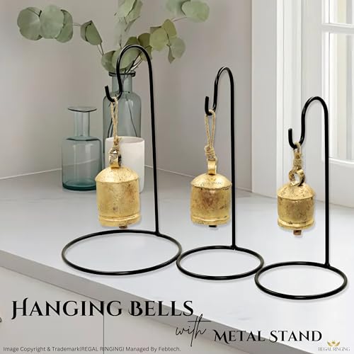 Set of 3 Black Metal Stand Golden Cow Bells with Rustic Finish Christmas Hanging XL Bells
