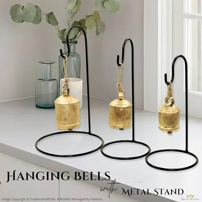 Set of 3 Black Metal Stand Golden Cow Bells with Rustic Finish Christmas Hanging XL Bells