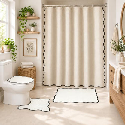 Beige and Black Bathroom Decor Set with Scalloped Edges - Minimalist 4-Piece