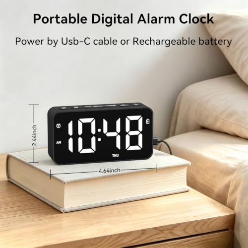Black Rechargeable Alarm Clock with Dual Alarm & Memory Function for Bedroom & Living Room — Kids & Adults